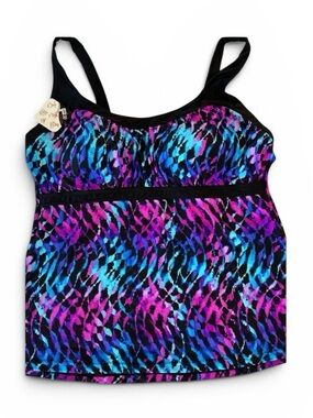 NWT ZeroXposur Black Swim Tankini Top with Blue and Purple Abstract Print- XXL